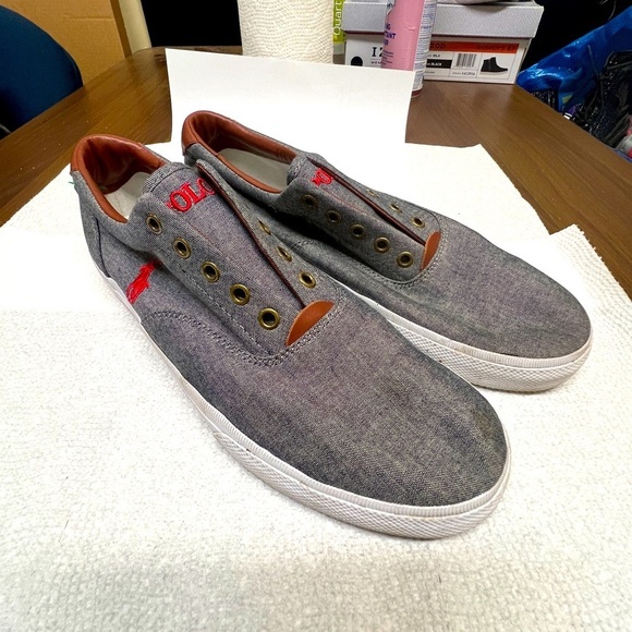 POLO RALPH LAUREN VITO Gray Red Brown Leather Uppers  Shoes Sneakers Men’s 12D - Picture 1 of 11